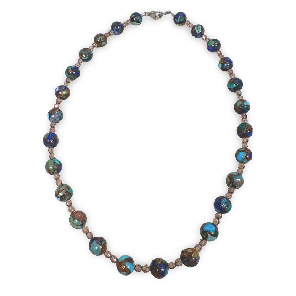Sterling Silver 925 Composite Turquoise Blue Green Brown Beaded Necklace 18"